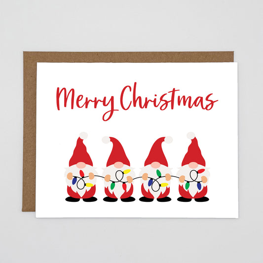 Gnomes Holding Christmas Lights Cute Merry Christmas Card