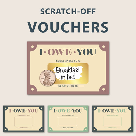 I Owe You Scratch-Off Vouchers | Coupons | Love Notes | Birthday | Thank you | Valentines | Mother's Day | Anniversary | Gift | Father's Day