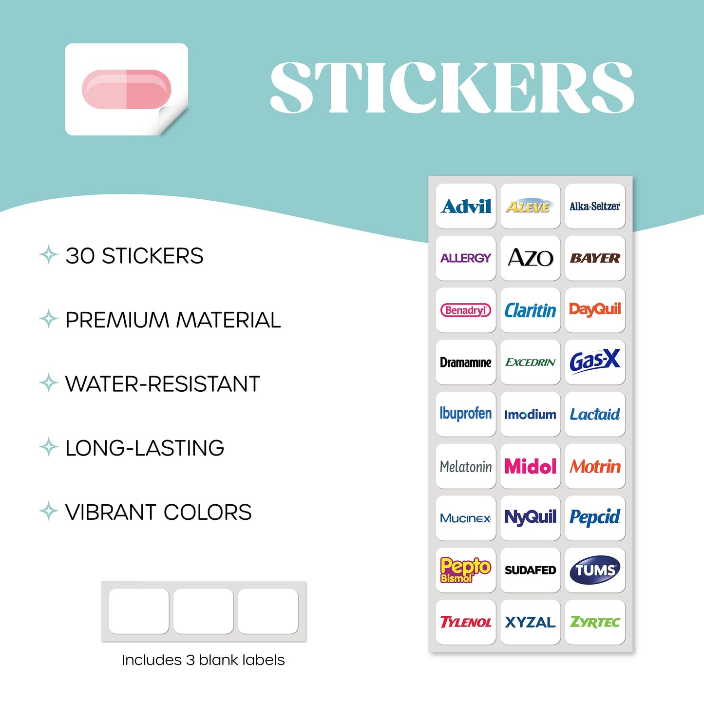 Pocket Pharmacy | Medicine box | Travel Pill Storage | Weekly Daily Pill Stickers for Purse Bag | Mini Emergency First Aid Kit | 30 Stickers