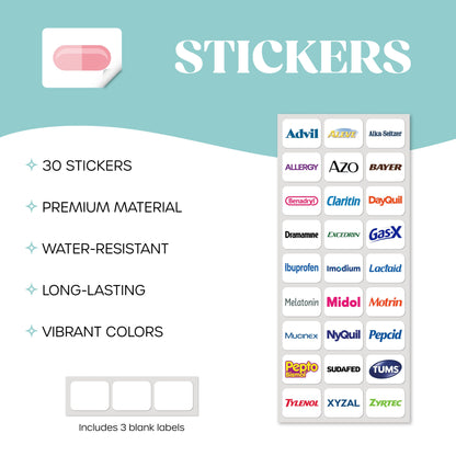 Pocket Pharmacy | Medicine box | Travel Pill Storage | Weekly Daily Pill Stickers for Purse Bag | Mini Emergency First Aid Kit | 30 Stickers